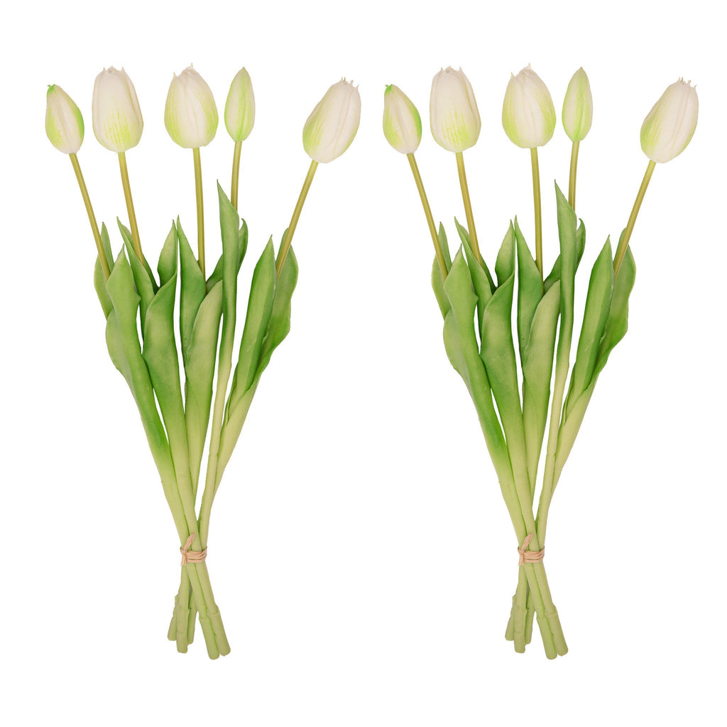 Tulip Bouquet – 10 Pieces – Mixed Colours – ‘Real Touch’ Artificial Tulips – 42 Cm (White/Green)
